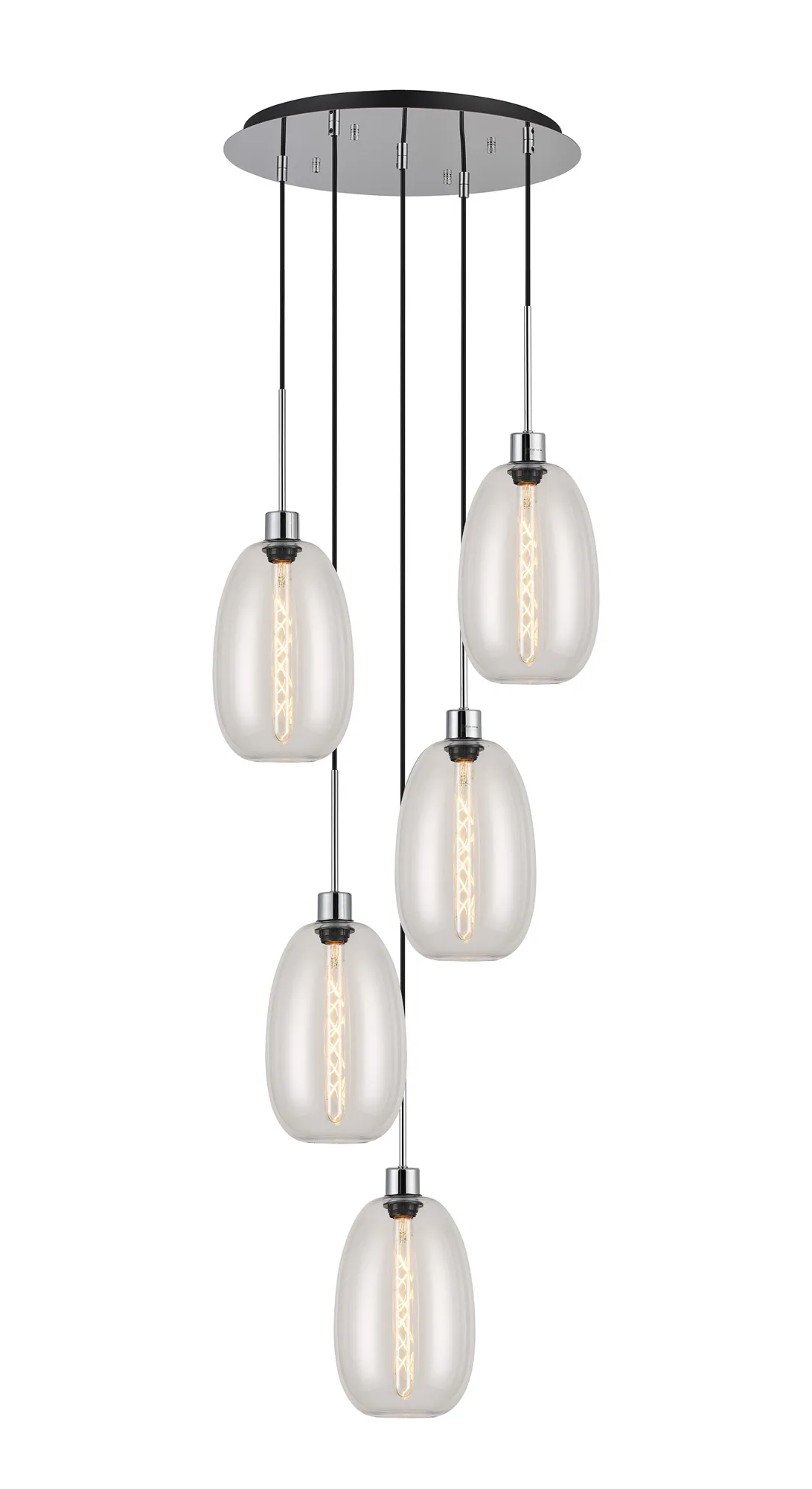 DK1283  Lori 45cm Round Pendant, 5 Light Adjustable E27, Polished Chrome/Clear Slim Curved Trapezium Shades
